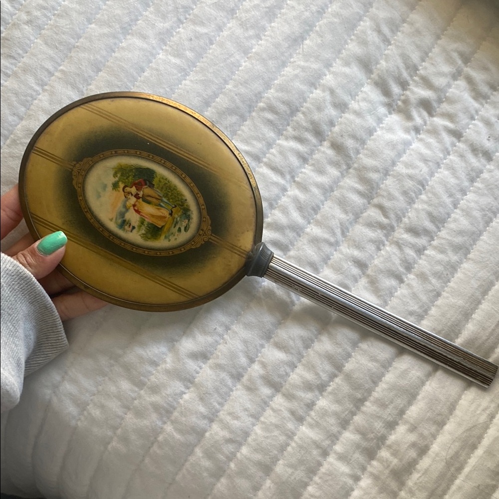Vintage Handheld Mirror with Painted Scene